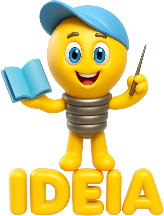 Ideinha segurando um livro e um lápis, em cima do nome IDEIA